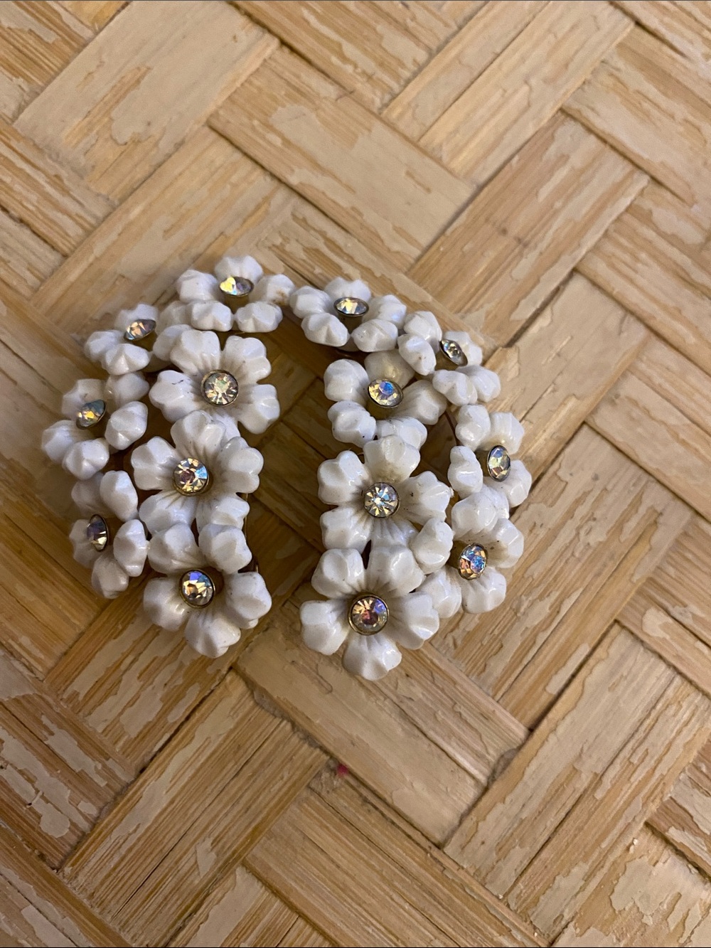 Vintage Coro White Flower Cluster Rhinestone Clip Wall Climber Earrings Signed